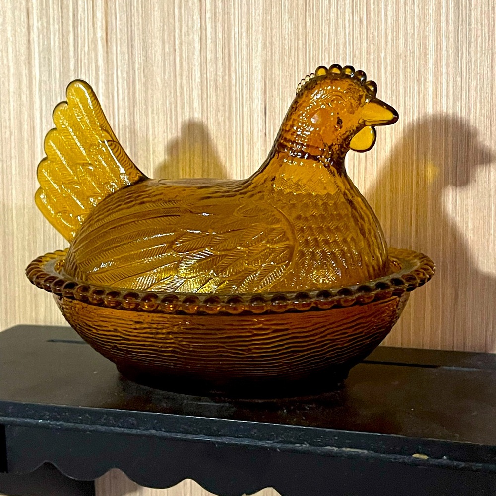 Vintage Amber Glass Hen Candy Dish